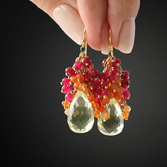 Handmade Seafoam Chalcedony & Seed Pearl Dangle Earrings Gold Earrings with Pearl Clusters Fashion Jewelry Accessory
