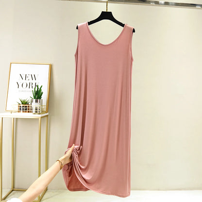 Women's Sleeveless Cotton Modal Nightgown – Loose Fit Mid-Calf Sleep Dress, Sizes L–XXL