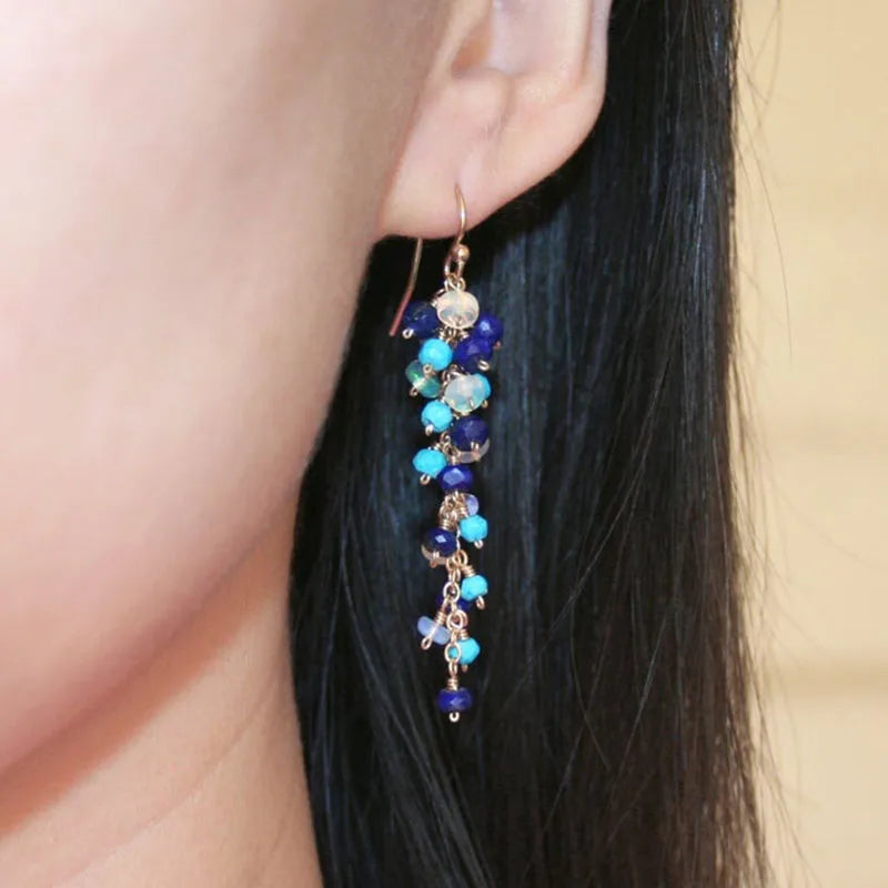 Handmade Seafoam Chalcedony & Seed Pearl Dangle Earrings Gold Earrings with Pearl Clusters Fashion Jewelry Accessory