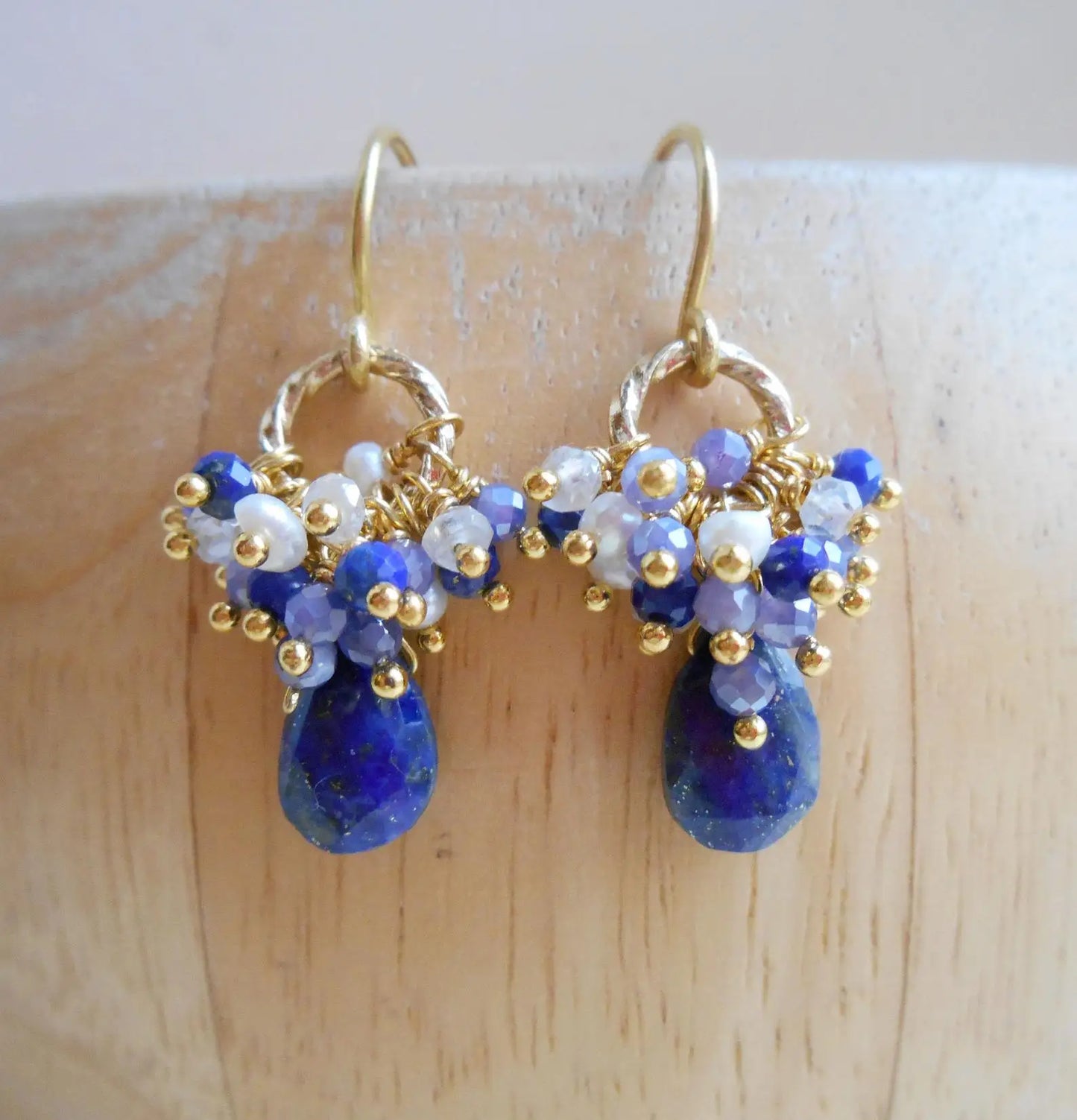 Handmade Seafoam Chalcedony & Seed Pearl Dangle Earrings Gold Earrings with Pearl Clusters Fashion Jewelry Accessory