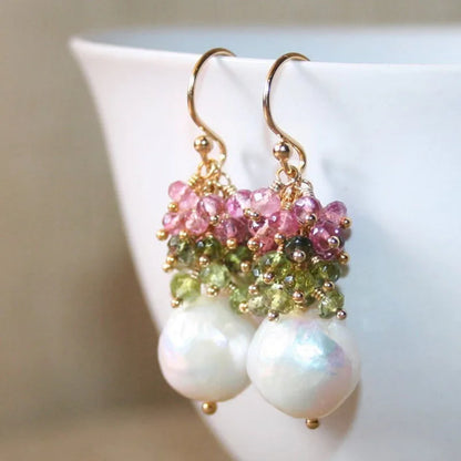 Handmade Seafoam Chalcedony & Seed Pearl Dangle Earrings Gold Earrings with Pearl Clusters Fashion Jewelry Accessory