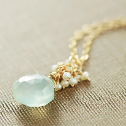 Handmade Seafoam Chalcedony & Seed Pearl Dangle Earrings Gold Earrings with Pearl Clusters Fashion Jewelry Accessory
