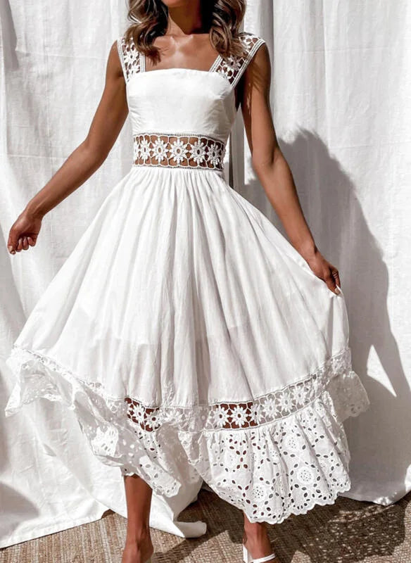 Backless Lace Cotton Women Fashion Sleeveless Bohemian White Dress Ladies Sexy Hollow Out Boho Maxi Sundress Robe