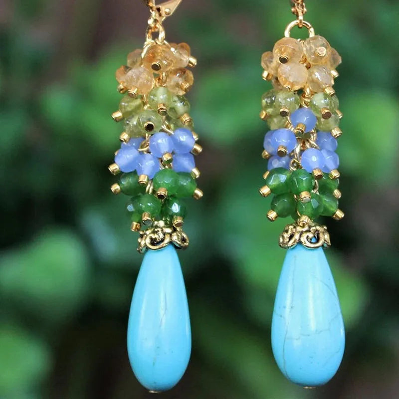 Handmade Seafoam Chalcedony & Seed Pearl Dangle Earrings Gold Earrings with Pearl Clusters Fashion Jewelry Accessory