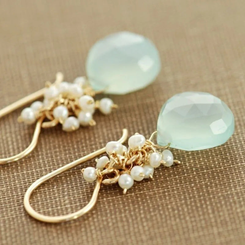 Handmade Seafoam Chalcedony & Seed Pearl Dangle Earrings Gold Earrings with Pearl Clusters Fashion Jewelry Accessory