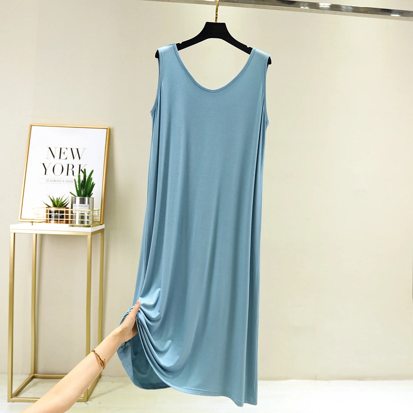 Women's Sleeveless Cotton Modal Nightgown – Loose Fit Mid-Calf Sleep Dress, Sizes L–XXL