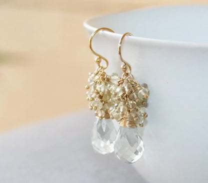Handmade Seafoam Chalcedony & Seed Pearl Dangle Earrings Gold Earrings with Pearl Clusters Fashion Jewelry Accessory