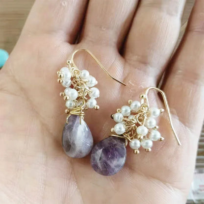 Handmade Seafoam Chalcedony & Seed Pearl Dangle Earrings Gold Earrings with Pearl Clusters Fashion Jewelry Accessory
