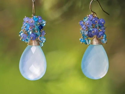 Handmade Seafoam Chalcedony & Seed Pearl Dangle Earrings Gold Earrings with Pearl Clusters Fashion Jewelry Accessory