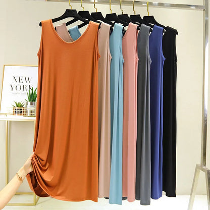 Women's Sleeveless Cotton Modal Nightgown – Loose Fit Mid-Calf Sleep Dress, Sizes L–XXL