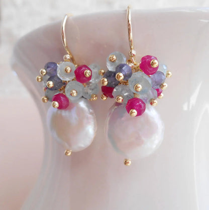Handmade Seafoam Chalcedony & Seed Pearl Dangle Earrings Gold Earrings with Pearl Clusters Fashion Jewelry Accessory