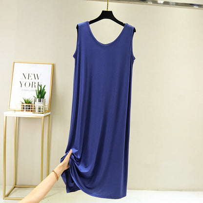 Women's Sleeveless Cotton Modal Nightgown – Loose Fit Mid-Calf Sleep Dress, Sizes L–XXL