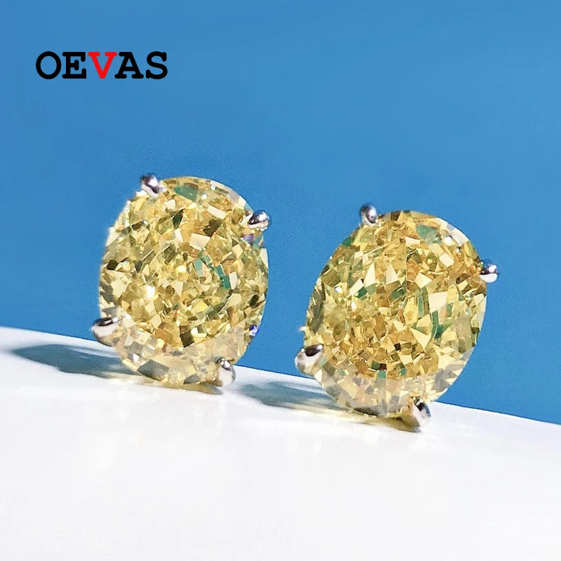925 Sterling Silver High Carbon Diamond Stud Earrings – 8×10mm Oval Gem, Yellow, Pink & White