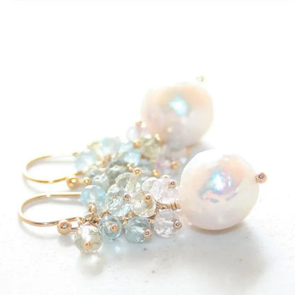 Handmade Seafoam Chalcedony & Seed Pearl Dangle Earrings Gold Earrings with Pearl Clusters Fashion Jewelry Accessory