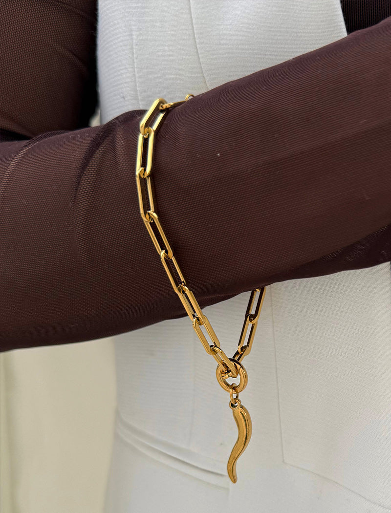 ITALIAN HORN Gold Charm Medium Paperclip Link Chain Bracelet | Waterproof