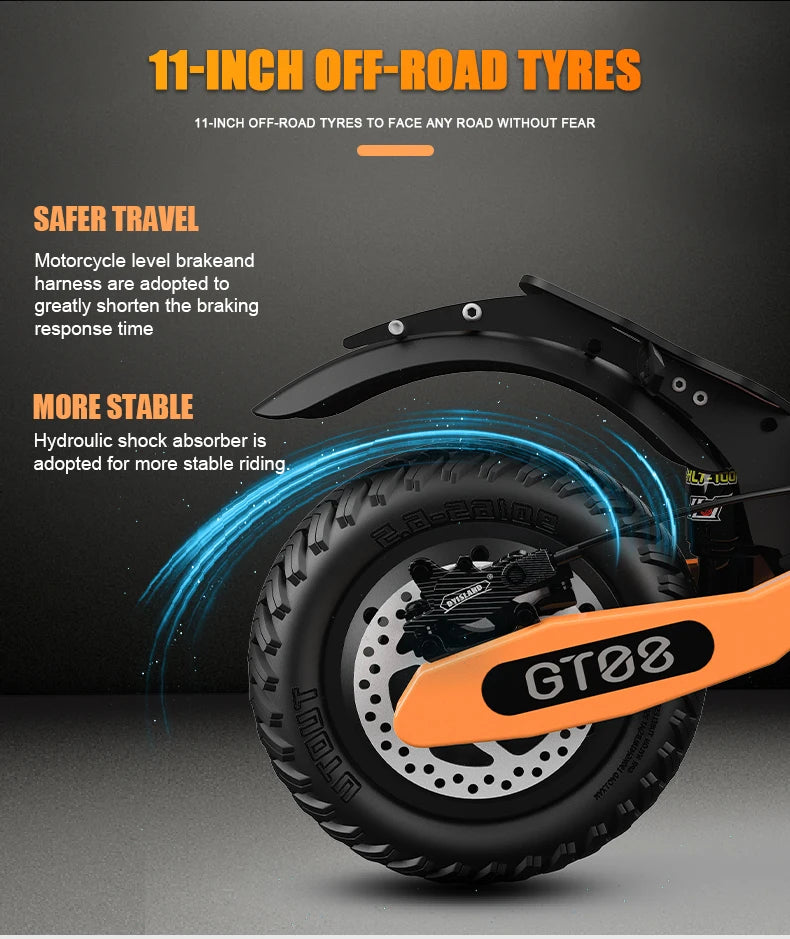 Motorcycle with 11-inch off-road tires on a dark background, featuring text about safety and stability. | Origin Zero