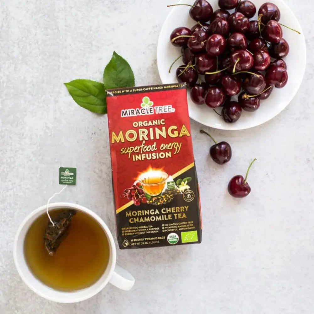 Organic Moringa Energy Tea - Cherry Chamomile - Natural Coffee Alternative