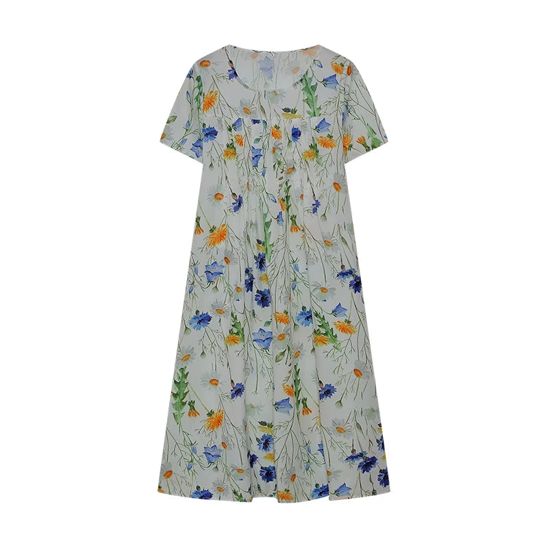 2024 Spring/Summer Women's Elegant Large Swing Skirt With Round Neck Printed Short Sleeved Dress