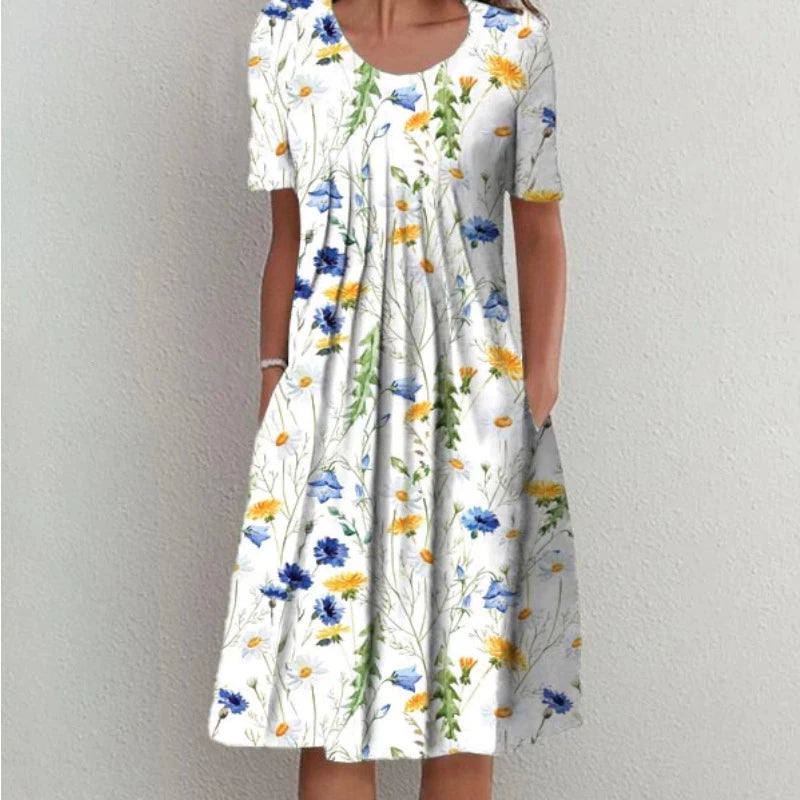 2024 Spring/Summer Women's Elegant Large Swing Skirt With Round Neck Printed Short Sleeved Dress