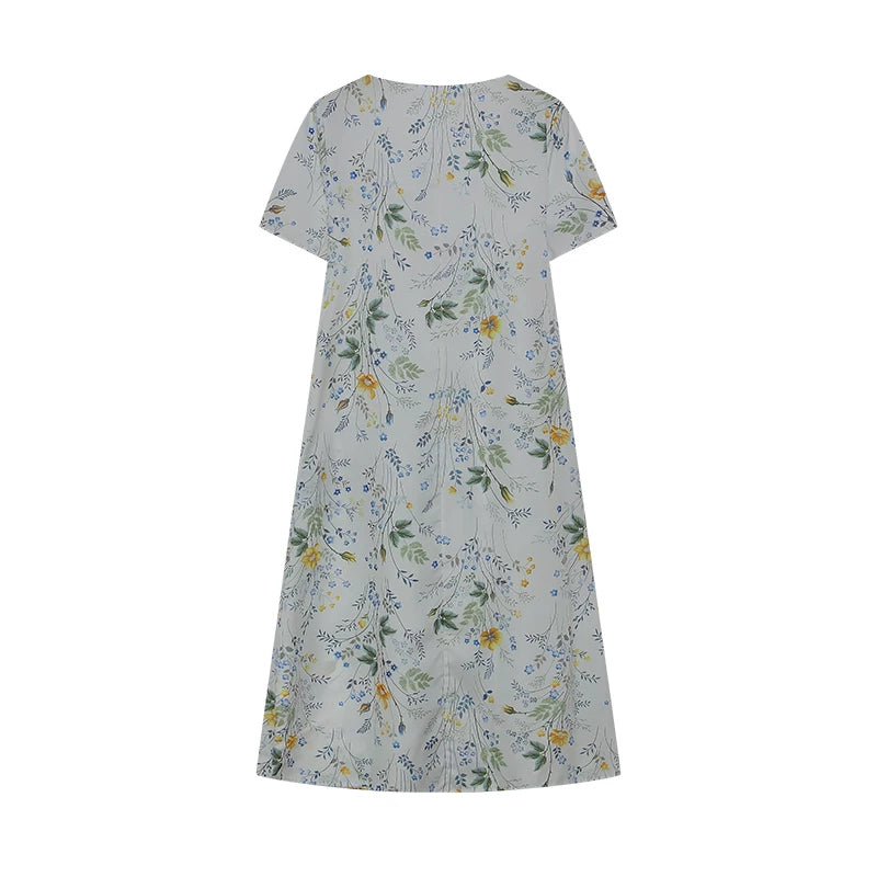 2024 Spring/Summer Women's Elegant Large Swing Skirt With Round Neck Printed Short Sleeved Dress