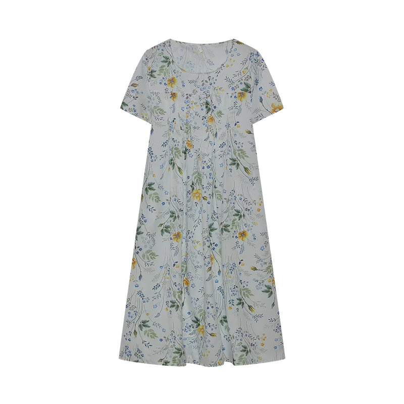 2024 Spring/Summer Women's Elegant Large Swing Skirt With Round Neck Printed Short Sleeved Dress