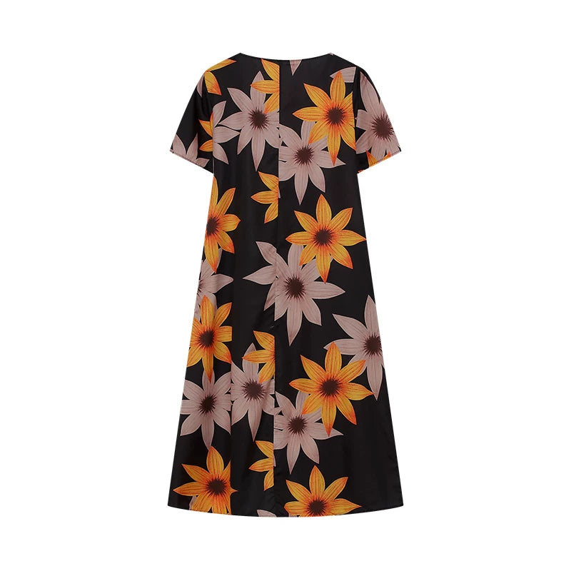 2024 Spring/Summer Women's Elegant Large Swing Skirt With Round Neck Printed Short Sleeved Dress