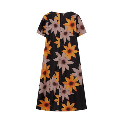 2024 Spring/Summer Women's Elegant Large Swing Skirt With Round Neck Printed Short Sleeved Dress