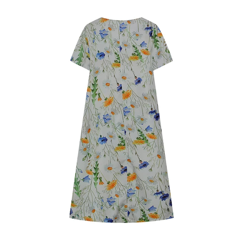 2024 Spring/Summer Women's Elegant Large Swing Skirt With Round Neck Printed Short Sleeved Dress