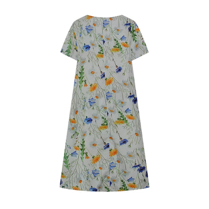 2024 Spring/Summer Women's Elegant Large Swing Skirt With Round Neck Printed Short Sleeved Dress