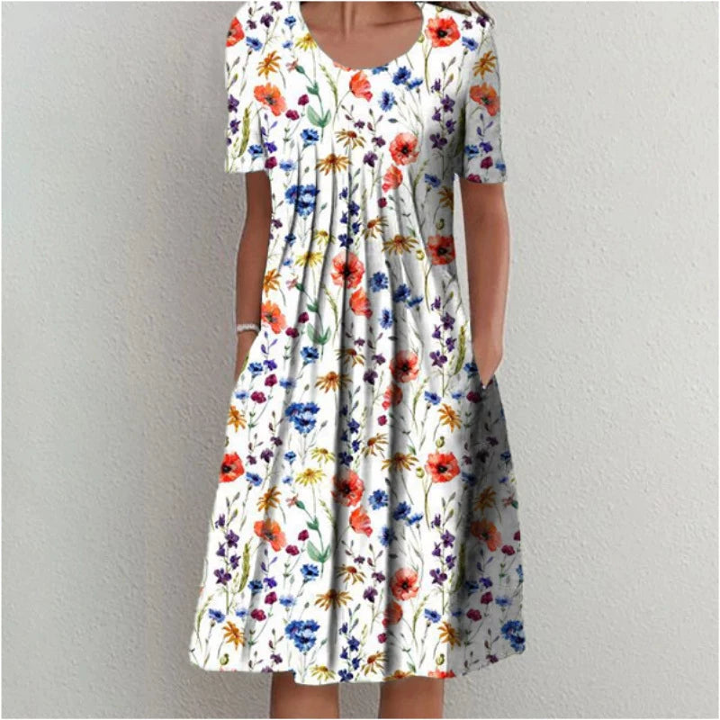 2024 Spring/Summer Women's Elegant Large Swing Skirt With Round Neck Printed Short Sleeved Dress