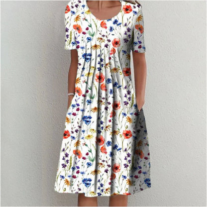 2024 Spring/Summer Women's Elegant Large Swing Skirt With Round Neck Printed Short Sleeved Dress