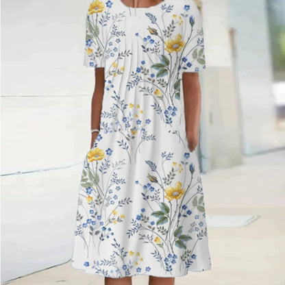 2024 Spring/Summer Women's Elegant Large Swing Skirt With Round Neck Printed Short Sleeved Dress