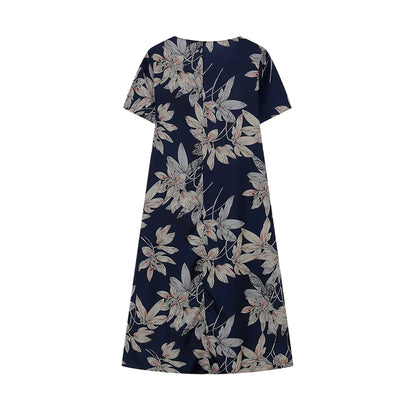 2024 Spring/Summer Women's Elegant Large Swing Skirt With Round Neck Printed Short Sleeved Dress