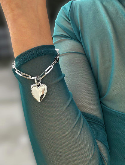 PUFFY HEART Charm Medium Paperclip Chain Bracelet