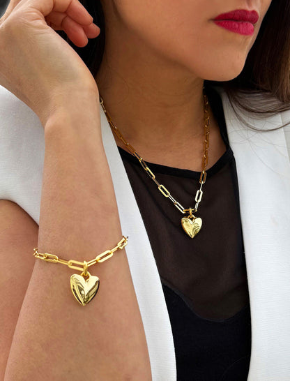 PUFFY HEART Pendant Link Chain Necklace | 18K Gold Vermeil