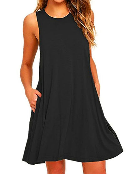 With Pocket Solid Color Sleeveless Loose Dress Women O Neck Mini Causal Dress Office Club Party Vestidos