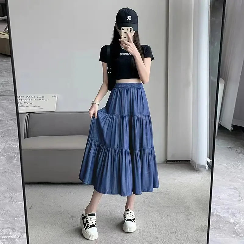 Women's Tiered A-Line Midi Skirt | Empire Waist, Patchwork, 4 Colors