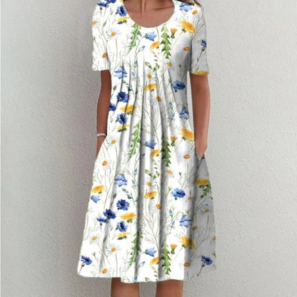 2024 Spring/Summer Women's Elegant Large Swing Skirt With Round Neck Printed Short Sleeved Dress