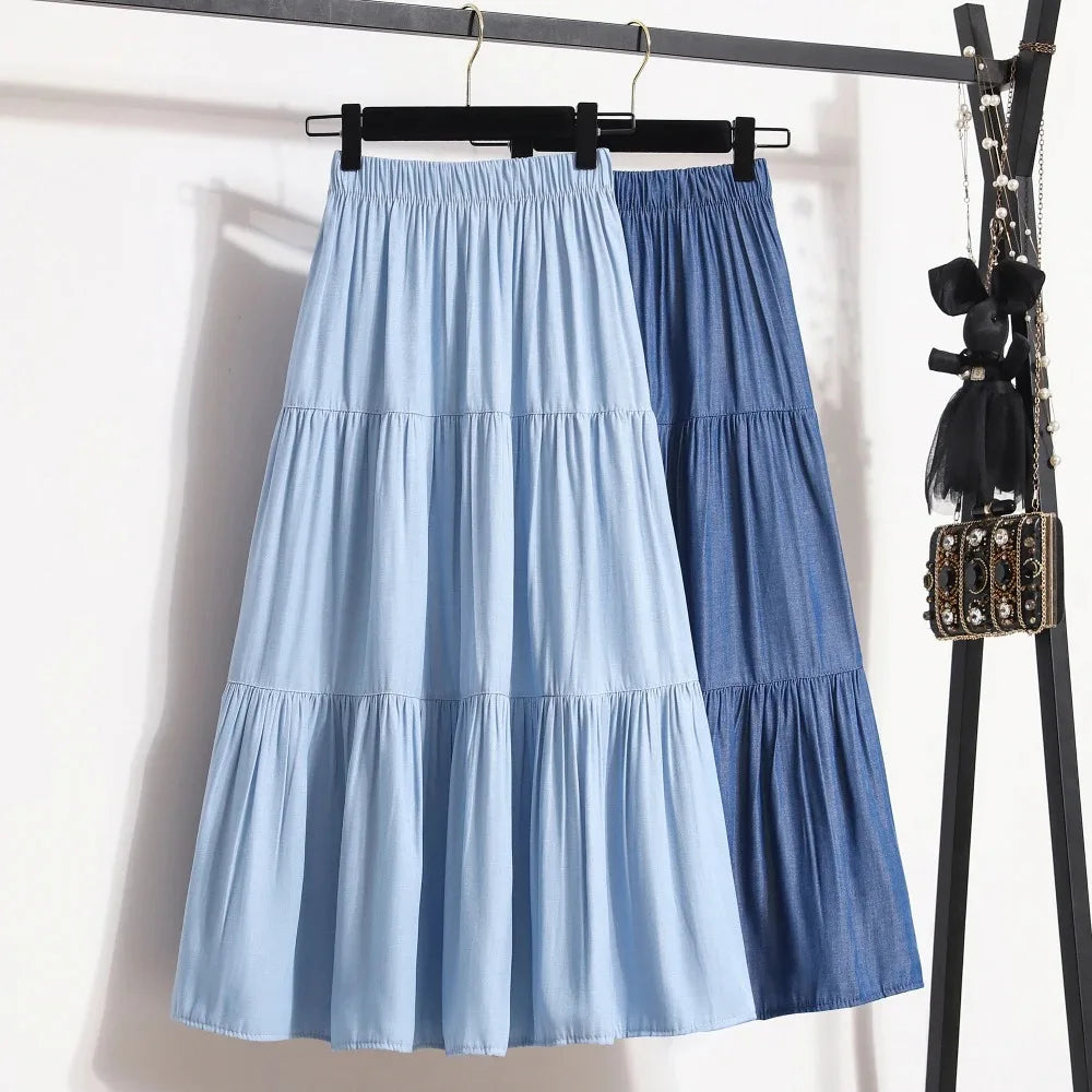 Women's Tiered A-Line Midi Skirt | Empire Waist, Patchwork, 4 Colors