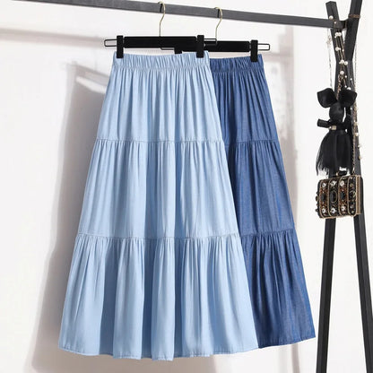 Women's Tiered A-Line Midi Skirt | Empire Waist, Patchwork, 4 Colors
