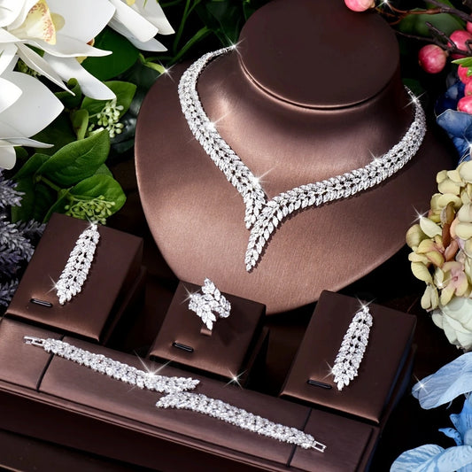 Cubic Zirconia 4-Piece Bridal Jewelry Set for Women – Necklace, Earrings, Ring & Bracelet