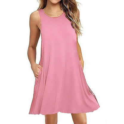 With Pocket Solid Color Sleeveless Loose Dress Women O Neck Mini Causal Dress Office Club Party Vestidos