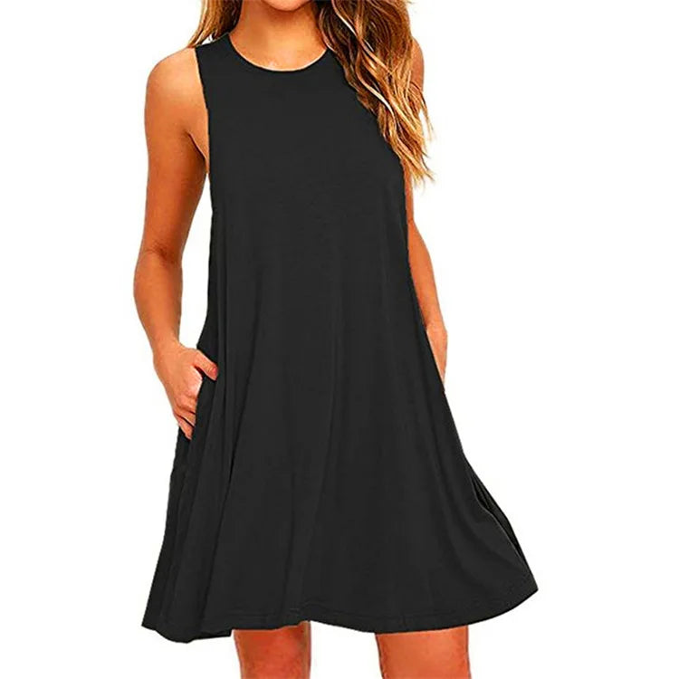 With Pocket Solid Color Sleeveless Loose Dress Women O Neck Mini Causal Dress Office Club Party Vestidos