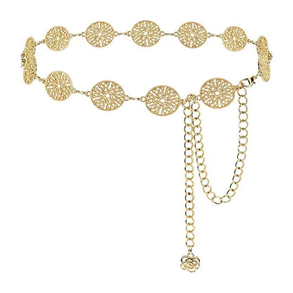 Elegant Round Metal Belt for Women – Retro Gold & Silver Carved Hollow-Out Waistband