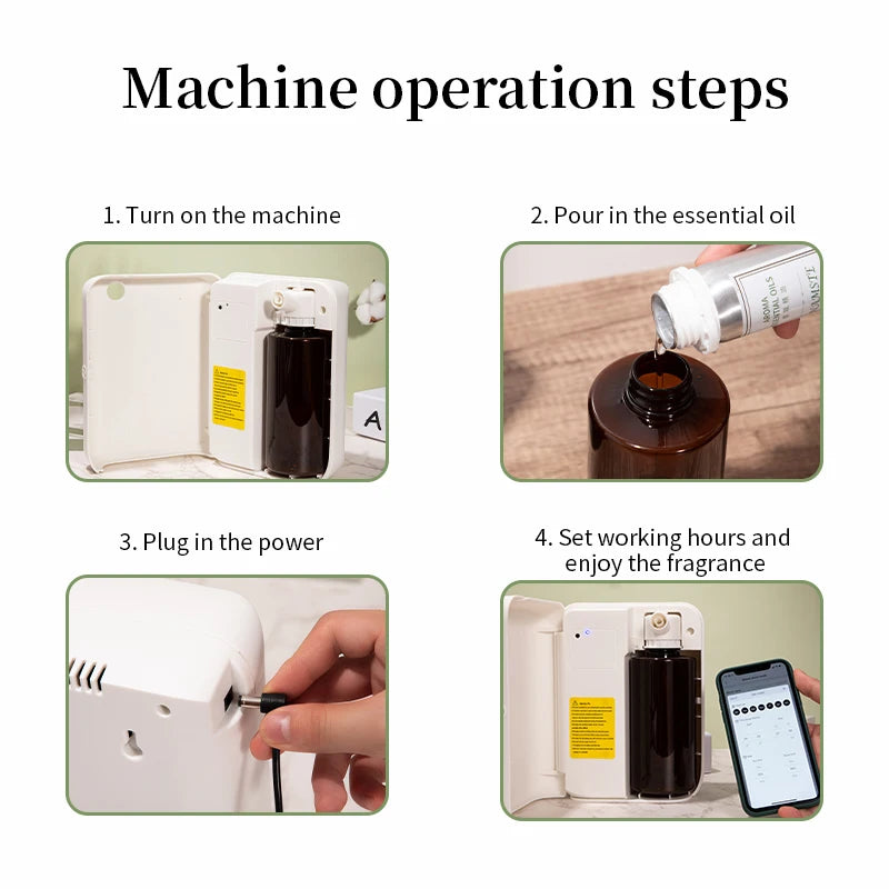 Step-by-step guide on operating a machine with images of turning it on, pouring essential oil, plugging it in, and setting working hours. | Origin Zero