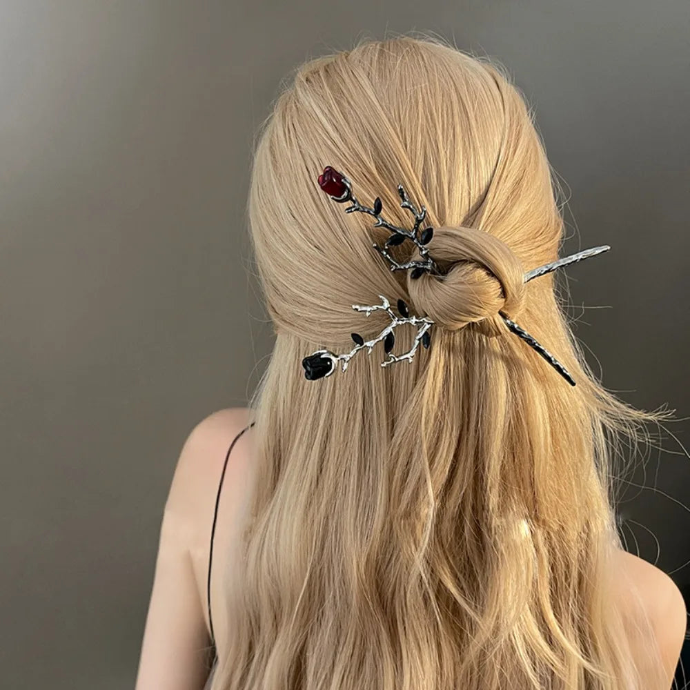 Rose Flower Crystal Hair Stick – Vintage Chinese Alloy Hairpin for Women, Black & Red