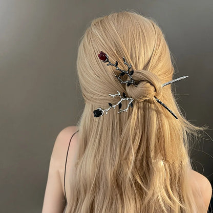 Rose Flower Crystal Hair Stick – Vintage Chinese Alloy Hairpin for Women, Black & Red