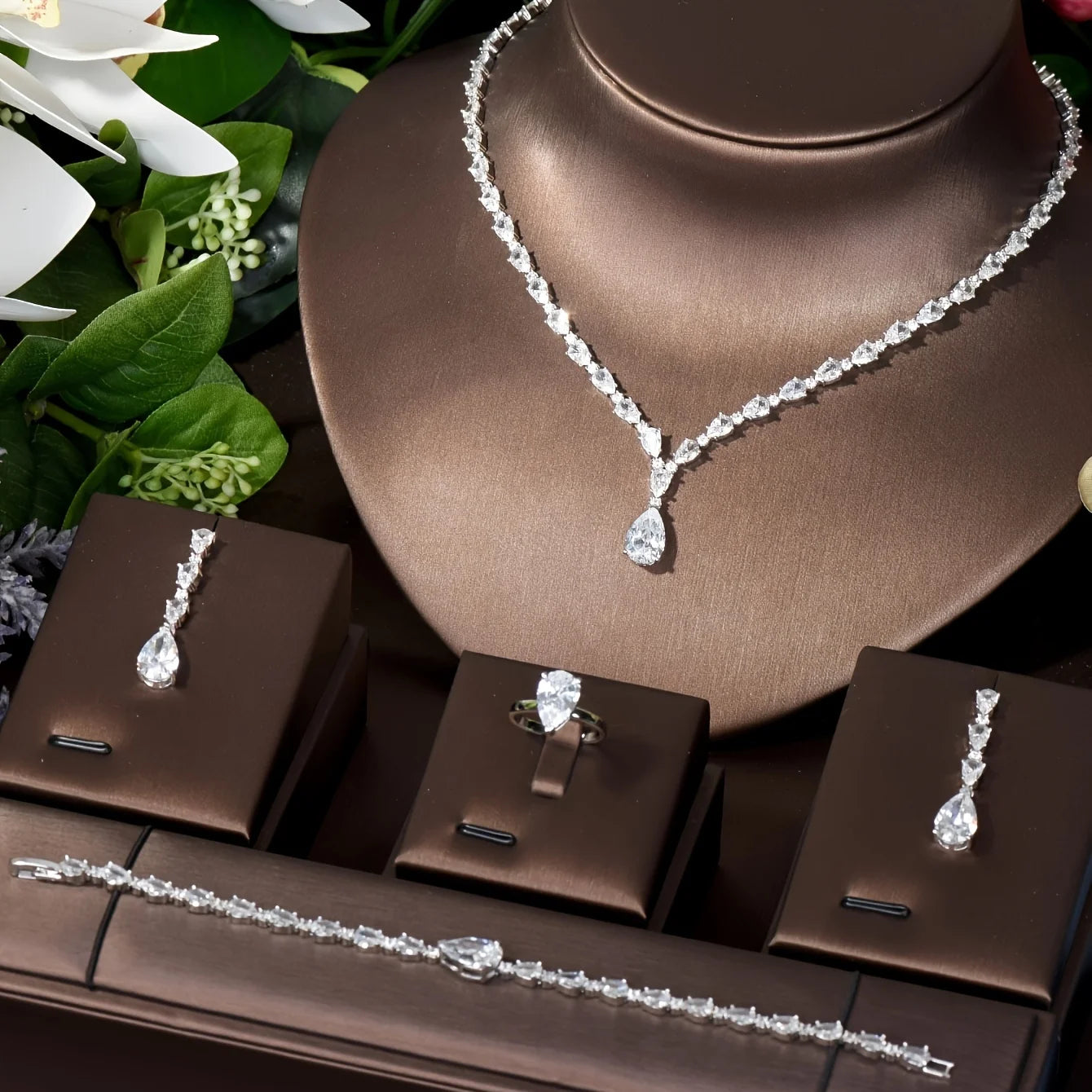 Cubic Zirconia 4-Piece Bridal Jewelry Set for Women – Necklace, Earrings, Ring & Bracelet