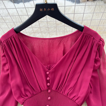 Vintage Chiffon Long Dress Women Elegant V-neck Long Sleeved Casual Dresses French Pleated Slim A-line Long Robe Vestidos