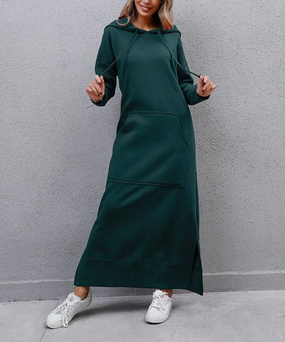Women's Hoodie Midi Dress – Lace-Up Hem Hooded Sweatshirt Dress – Casual Loose Long Dress for Autumn & Winter